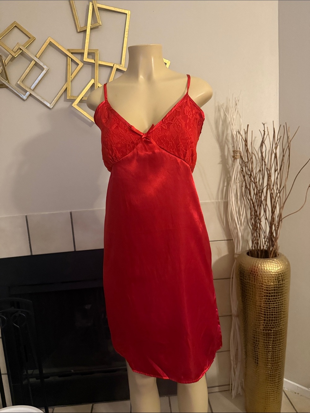 Red Lace Satin Slip Chemise with Adjustable Straps and robe